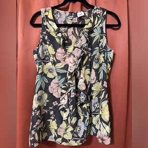Cabi Osaka Nights Charcoal Floral Sleeveless Ruffle Front Blouse